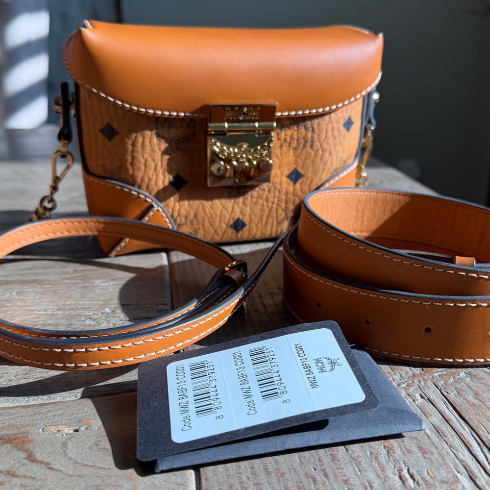 MCM Visetos Crossbody/ Belt Bag Small Flap Bag in Cognac